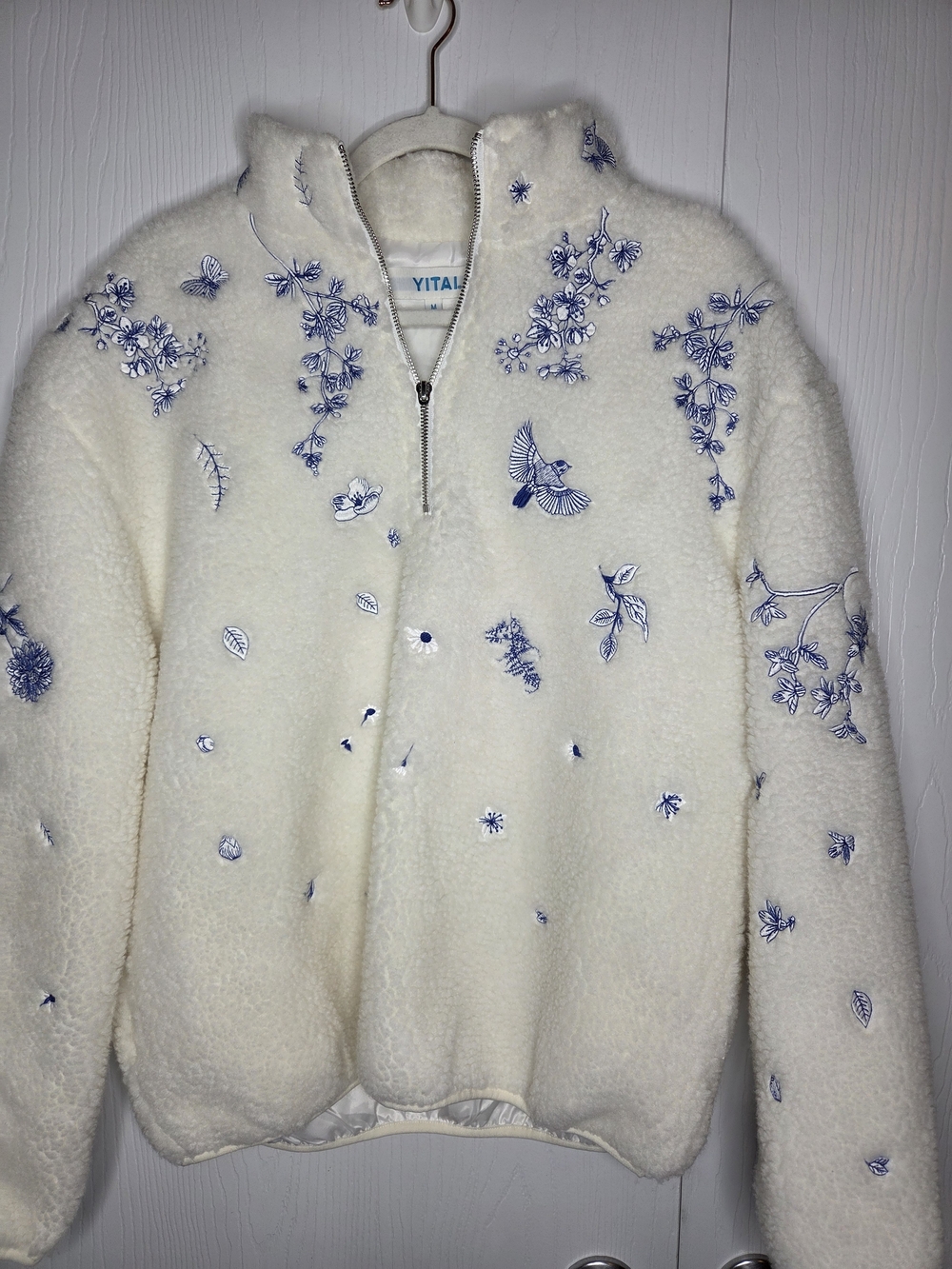 YITAI Fine China Sherpa Fleece Embroidered Floral Quarter Zip Jacket M